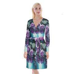 Roses Water Lilies Watercolor Long Sleeve Velvet Front Wrap Dress by Ravend