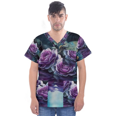 Roses Water Lilies Watercolor Men s V-neck Scrub Top by Ravend