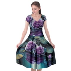 Roses Water Lilies Watercolor Cap Sleeve Wrap Front Dress by Ravend