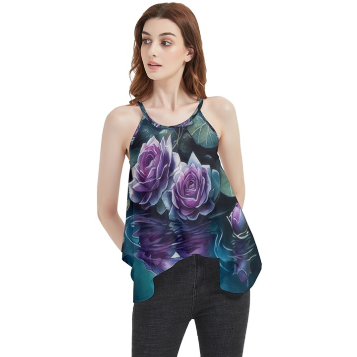 Roses Water Lilies Watercolor Flowy Camisole Tank Top