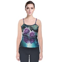 Roses Water Lilies Watercolor Velvet Spaghetti Strap Top by Ravend