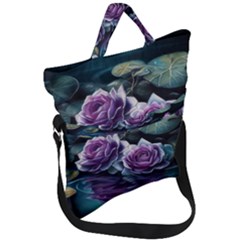 Roses Water Lilies Watercolor Fold Over Handle Tote Bag by Ravend