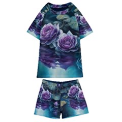 Roses Water Lilies Watercolor Kids  Swim Tee And Shorts Set by Ravend