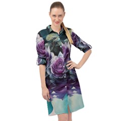 Roses Water Lilies Watercolor Long Sleeve Mini Shirt Dress by Ravend