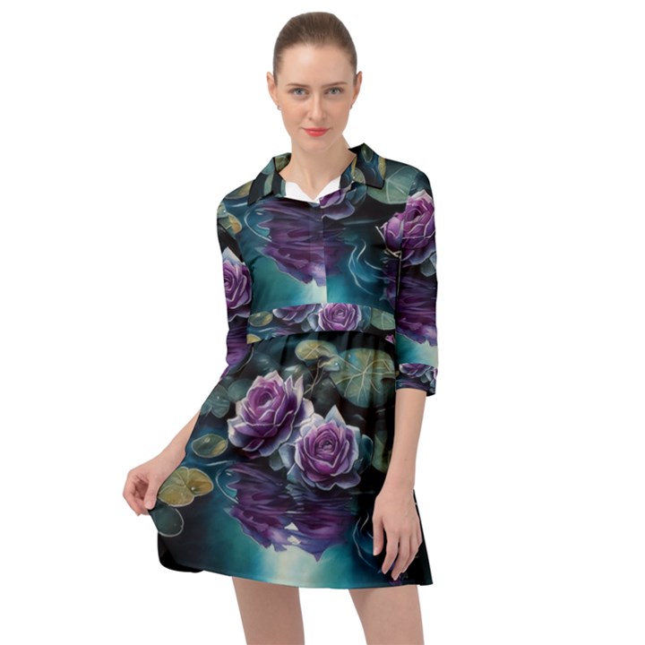 Roses Water Lilies Watercolor Mini Skater Shirt Dress