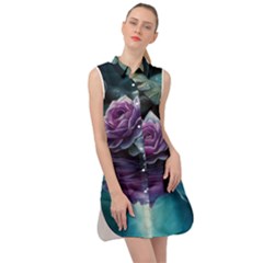 Roses Water Lilies Watercolor Sleeveless Shirt Dress by Ravend