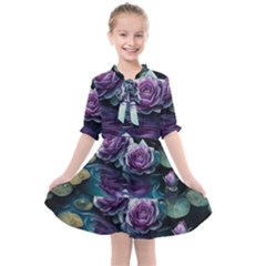 Roses Water Lilies Watercolor Kids  All Frills Chiffon Dress by Ravend