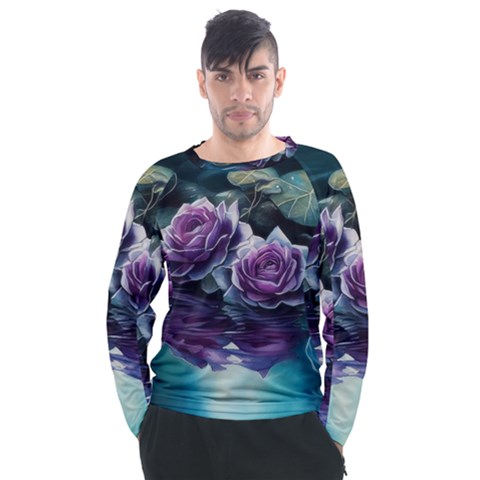 Roses Water Lilies Watercolor Men s Long Sleeve Raglan Tee by Ravend