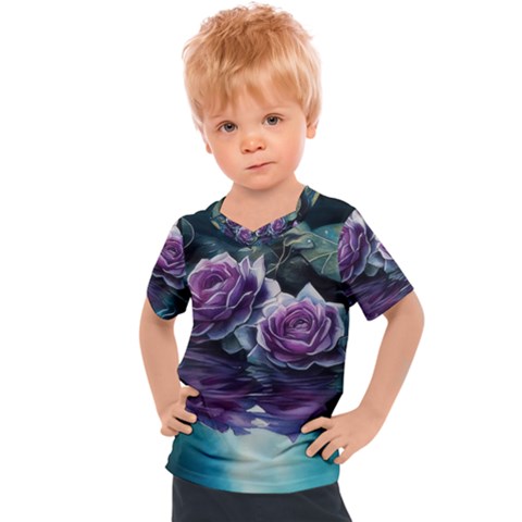 Roses Water Lilies Watercolor Kids  Sports Tee by Ravend