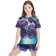 Roses Water Lilies Watercolor Kids  Tee And Sports Shorts Set by Ravend