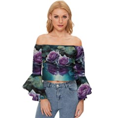 Roses Water Lilies Watercolor Off Shoulder Flutter Bell Sleeve Top by Ravend