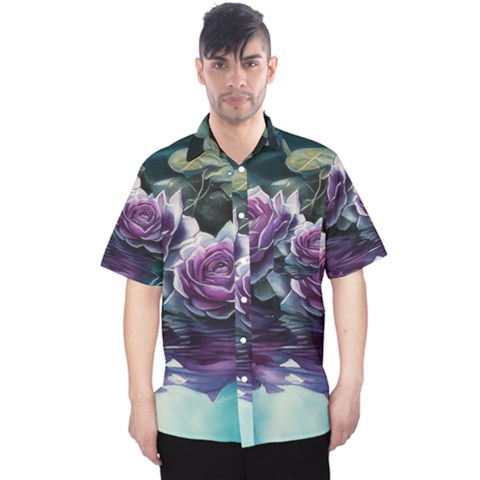 Roses Water Lilies Watercolor Men s Hawaii Shirt by Ravend