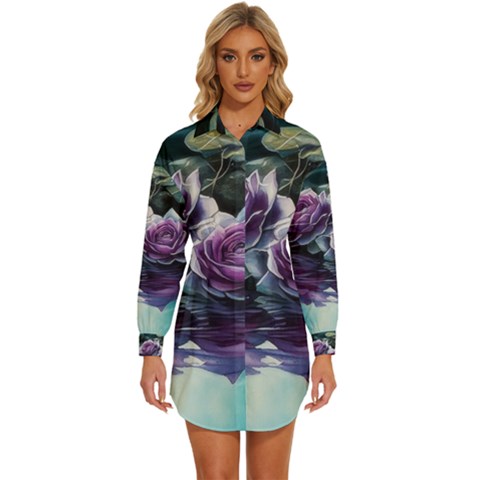 Roses Water Lilies Watercolor Womens Long Sleeve Shirt Dress by Ravend