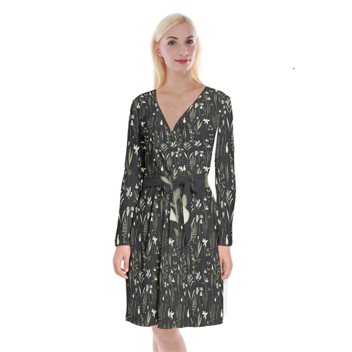 Plants Floral Art Pattern Design Long Sleeve Velvet Front Wrap Dress