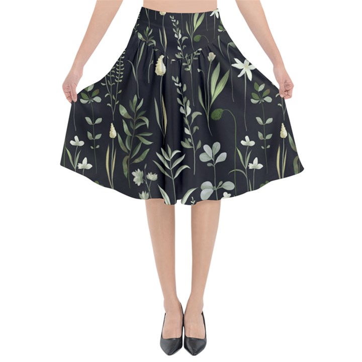 Plants Floral Art Pattern Design Flared Midi Skirt