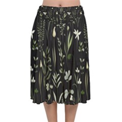 Plants Floral Art Pattern Design Velvet Flared Midi Skirt