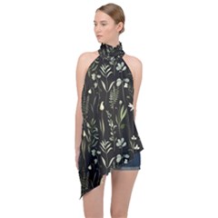 Plants Floral Art Pattern Design Halter Asymmetric Satin Top by Ravend