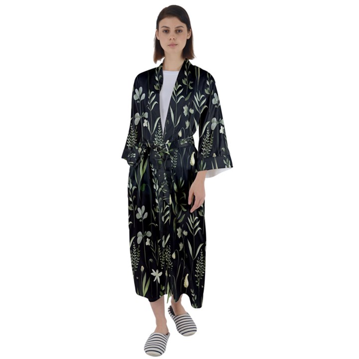 Plants Floral Art Pattern Design Maxi Satin Kimono