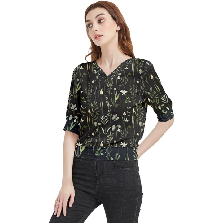 Plants Floral Art Pattern Design Quarter Sleeve Blouse