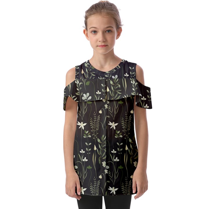 Plants Floral Art Pattern Design Fold Over Open Sleeve Top