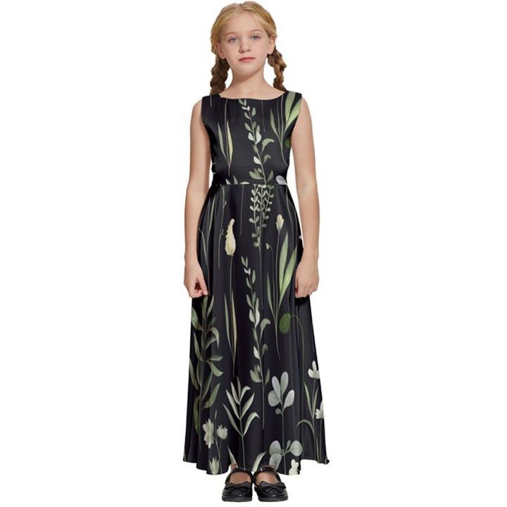 Plants Floral Art Pattern Design Kids  Satin Sleeveless Maxi Dress