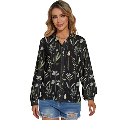 Plants Floral Art Pattern Design Women s Long Sleeve Button Down Shirt by Ravend