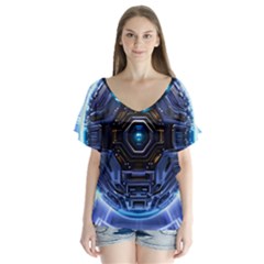 Digital Technology V-neck Flutter Sleeve Top by Ravend