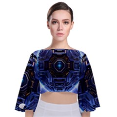 Digital Technology Tie Back Butterfly Sleeve Chiffon Top by Ravend