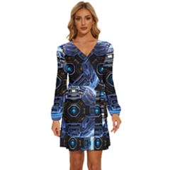 Digital Technology Long Sleeve Waist Tie Ruffle Velvet Dress