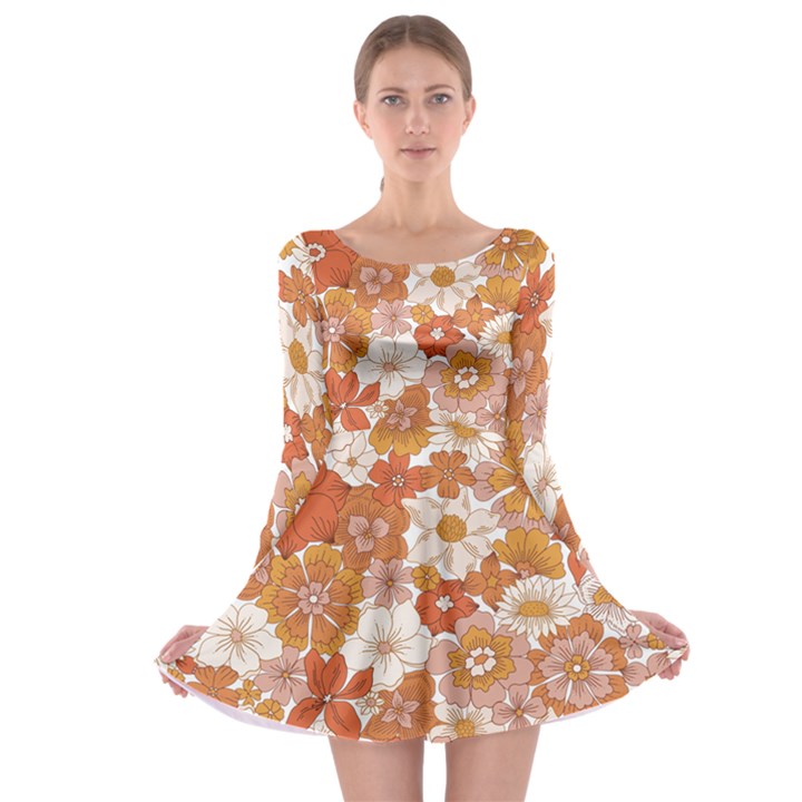 Flowers Petals Leaves Floral Print Long Sleeve Skater Dress