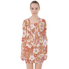 Flowers Petals Leaves Floral Print V-neck Bodycon Long Sleeve Dress by Ravend