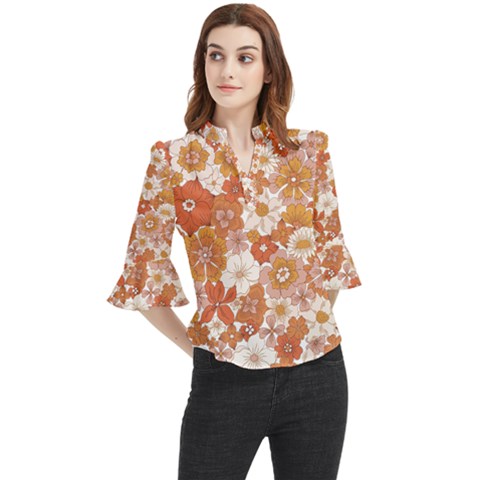 Flowers Petals Leaves Floral Print Loose Horn Sleeve Chiffon Blouse by Ravend