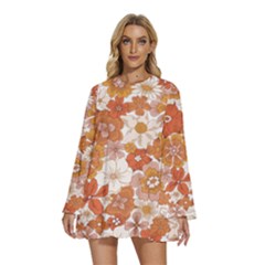 Flowers Petals Leaves Floral Print Round Neck Long Sleeve Bohemian Style Chiffon Mini Dress by Ravend