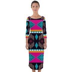 Abstract Art Pattern Design Old Vintage Quarter Sleeve Midi Bodycon Dress by Wegoenart