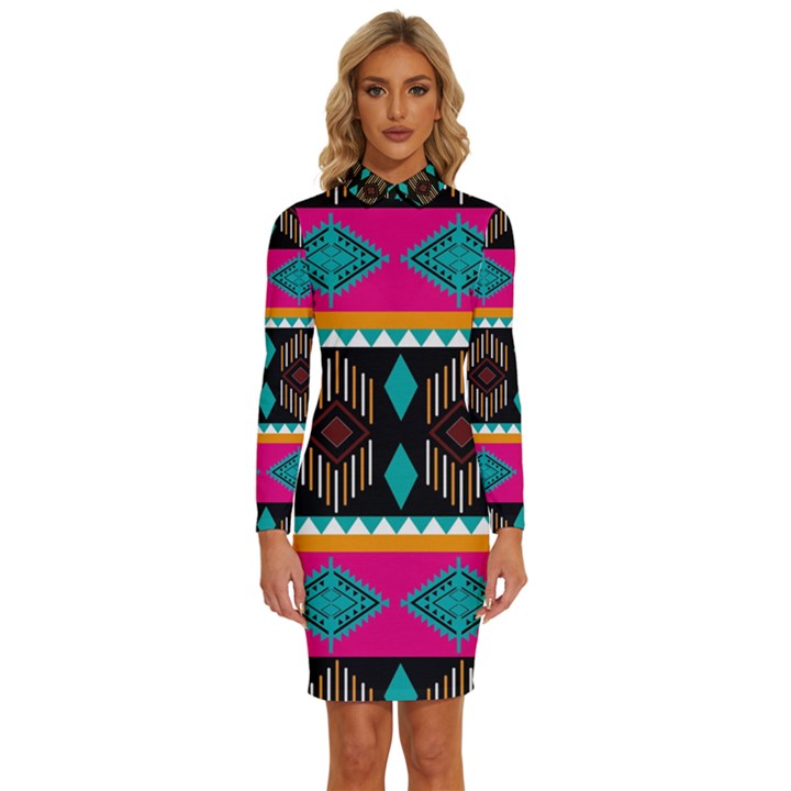 Abstract Art Pattern Design Old Vintage Long Sleeve Shirt Collar Bodycon Dress