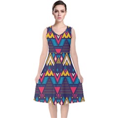 Pattern Colorful Aztec V-neck Midi Sleeveless Dress  by Wegoenart