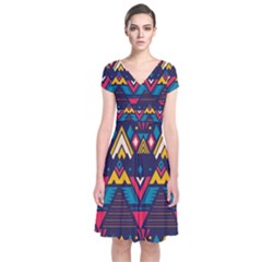 Pattern Colorful Aztec Short Sleeve Front Wrap Dress by Wegoenart