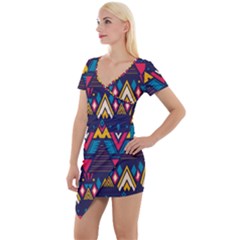 Pattern Colorful Aztec Short Sleeve Asymmetric Mini Dress by Wegoenart