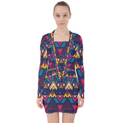 Pattern Colorful Aztec V-neck Bodycon Long Sleeve Dress by Wegoenart