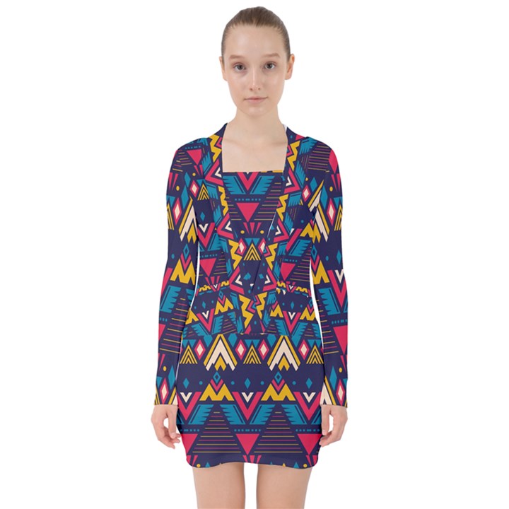 Pattern Colorful Aztec V-neck Bodycon Long Sleeve Dress