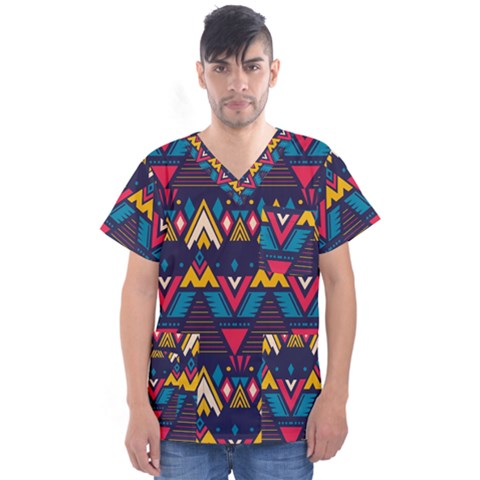 Pattern Colorful Aztec Men s V-neck Scrub Top by Wegoenart