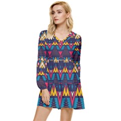 Pattern Colorful Aztec Tiered Long Sleeve Mini Dress by Wegoenart