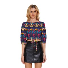 Pattern Colorful Aztec Mid Sleeve Drawstring Hem Top