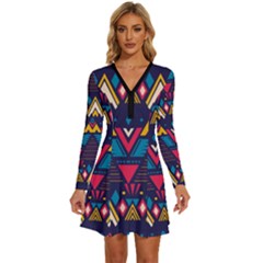 Pattern Colorful Aztec Long Sleeve Deep V Mini Dress  by Wegoenart