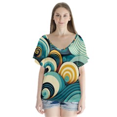 Waves Ocean Sea Abstract Whimsical (1) V-neck Flutter Sleeve Top