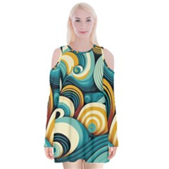 Waves Ocean Sea Abstract Whimsical (1) Velvet Long Sleeve Shoulder Cutout Dress