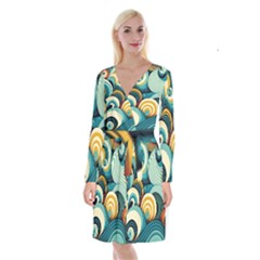 Waves Ocean Sea Abstract Whimsical (1) Long Sleeve Velvet Front Wrap Dress