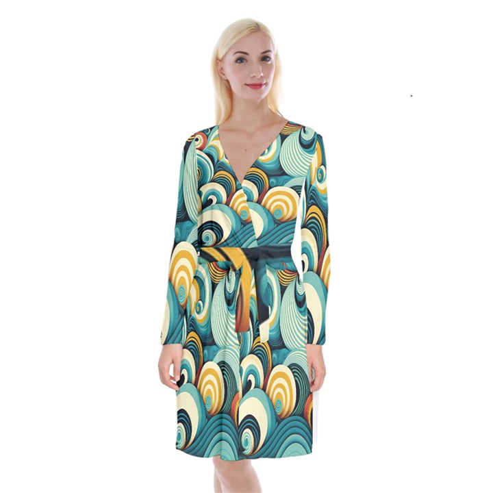 Waves Ocean Sea Abstract Whimsical (1) Long Sleeve Velvet Front Wrap Dress