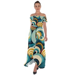 Waves Ocean Sea Abstract Whimsical (1) Off Shoulder Open Front Chiffon Dress