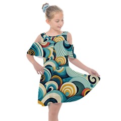 Waves Ocean Sea Abstract Whimsical (1) Kids  Shoulder Cutout Chiffon Dress